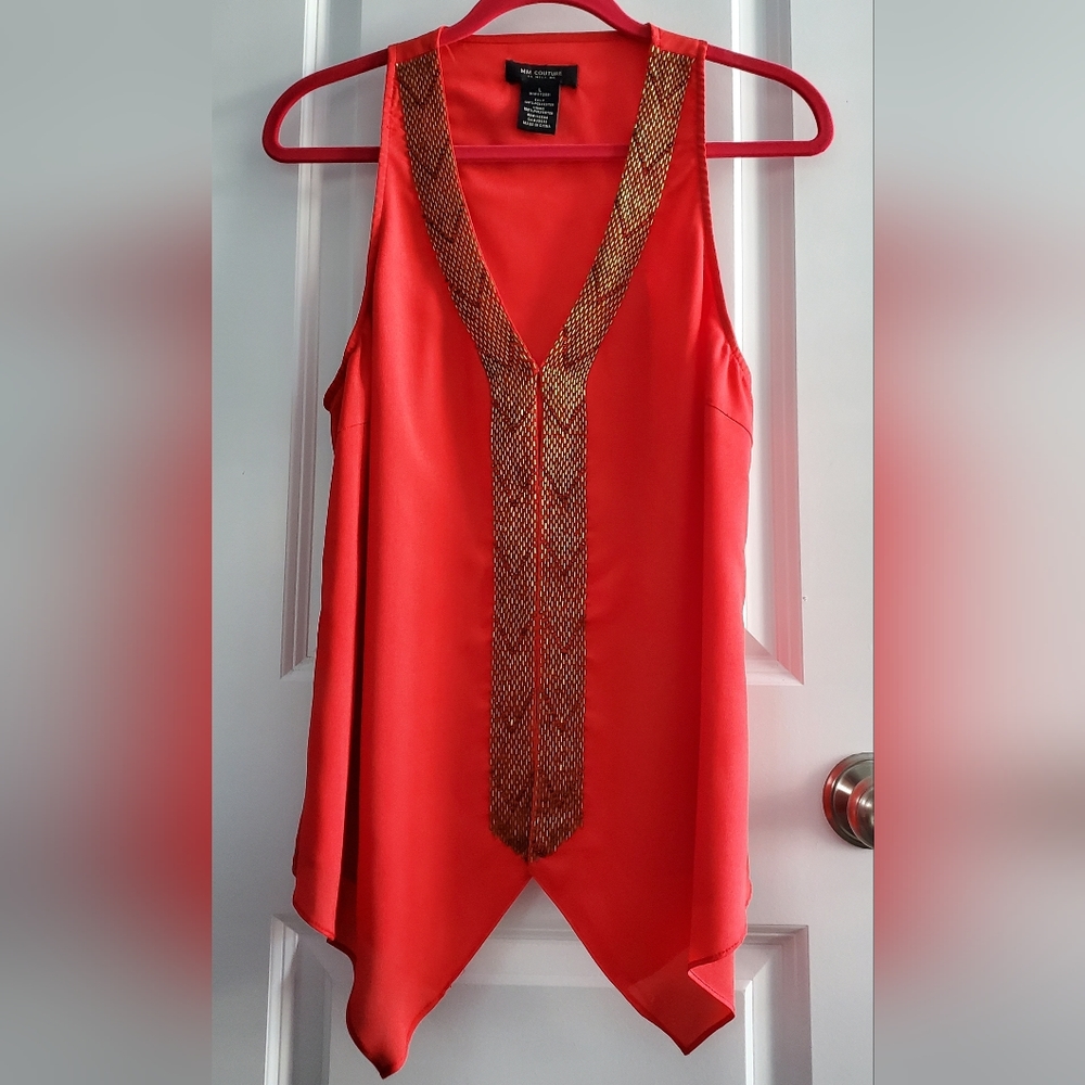 Silk V Neck Top in Red and Gold